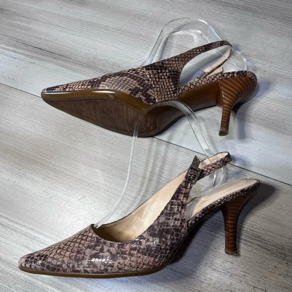 Women's Pointed Toe Slingback Heels in Taupe Snake Print